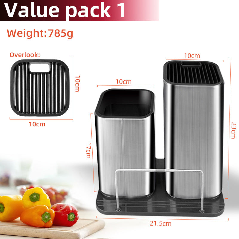 Shopi Vella stainless steel chopping board holder with dual compartments and black base for kitchen organization