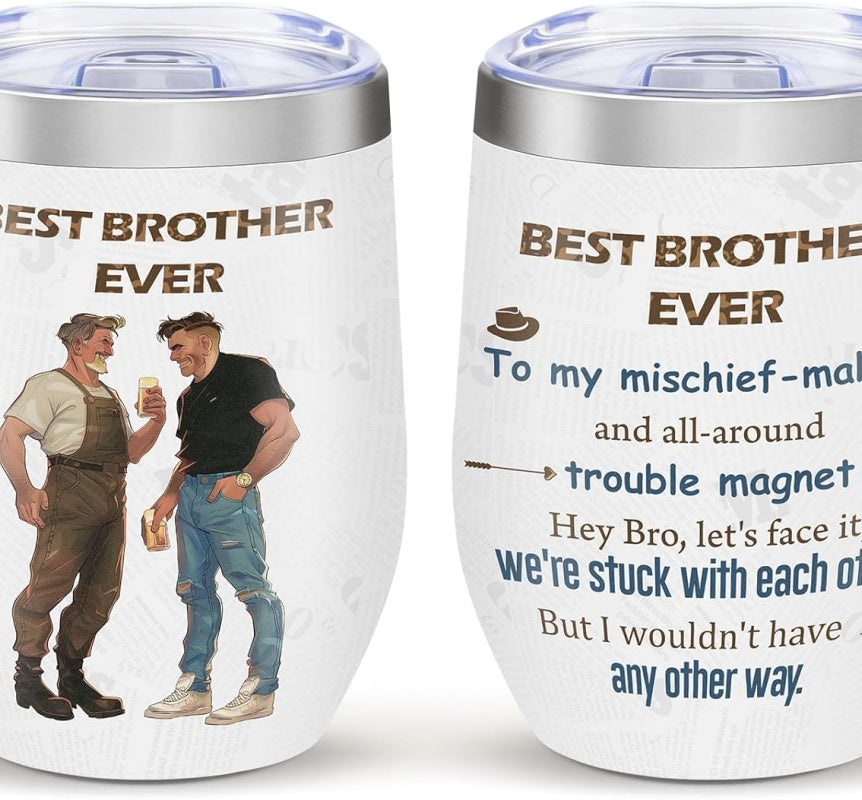 Stainless steel floral travel cup by Shopi Vella with Best Brother Ever design and heartfelt message