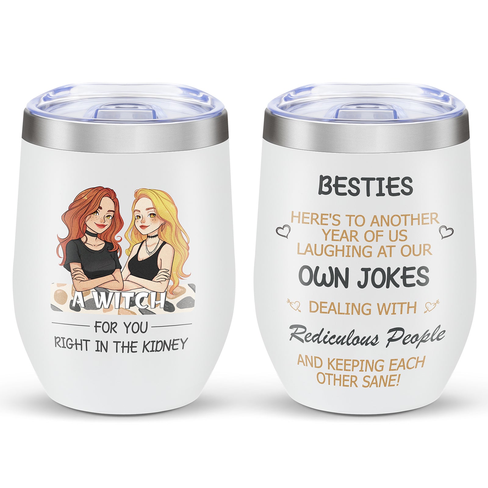 Shopi Vella stainless steel floral travel cup with funny besties design and witty text