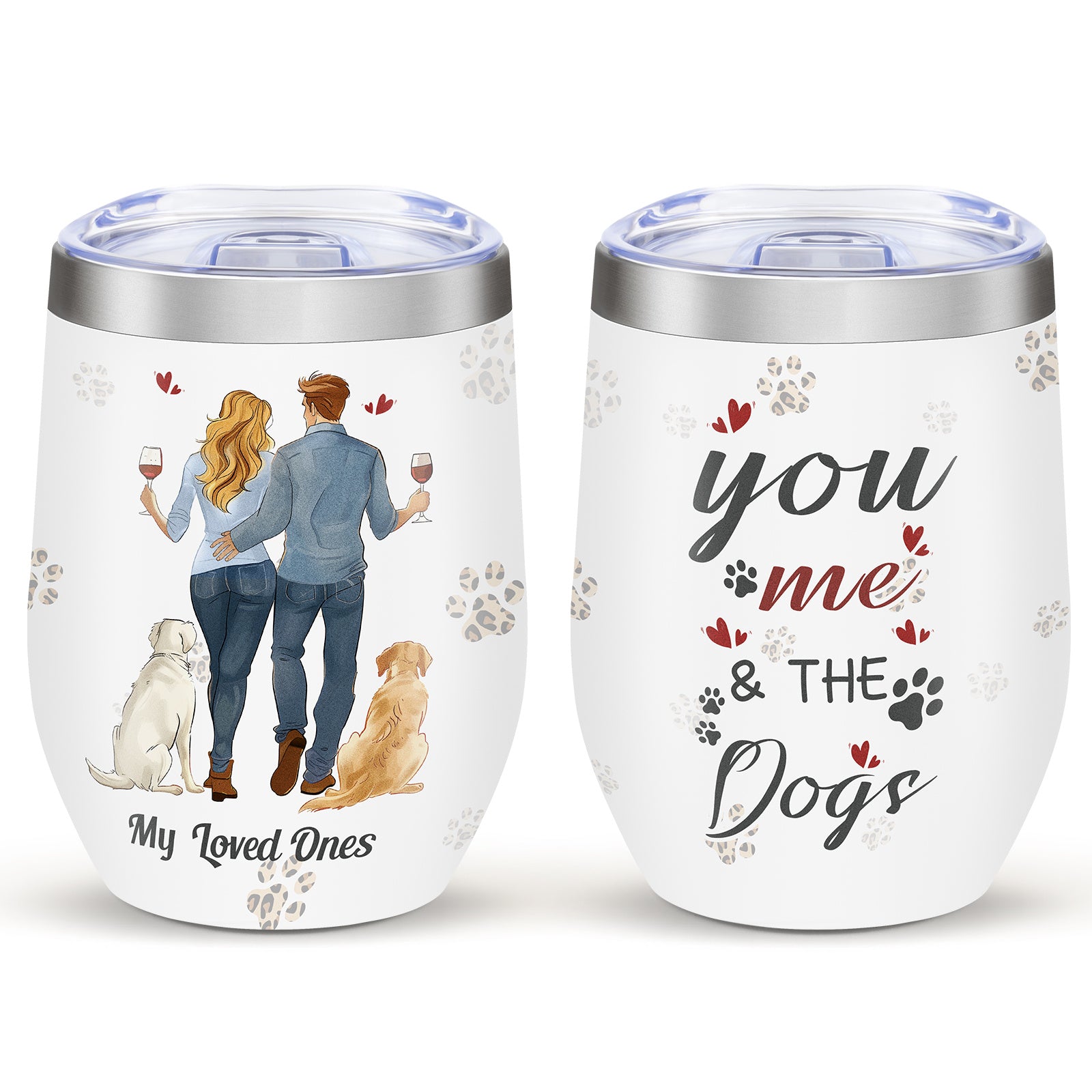 Shopi Vella stainless steel floral travel cup with couple and dogs design and sentimental text