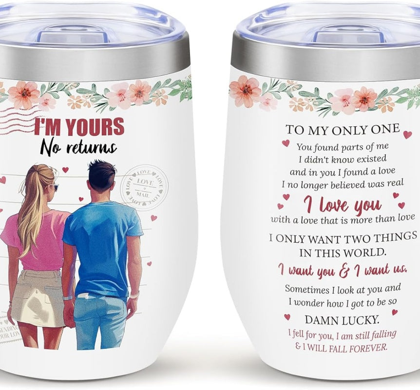 Shopi Vella stainless steel floral travel cup with romantic couple design and love poem