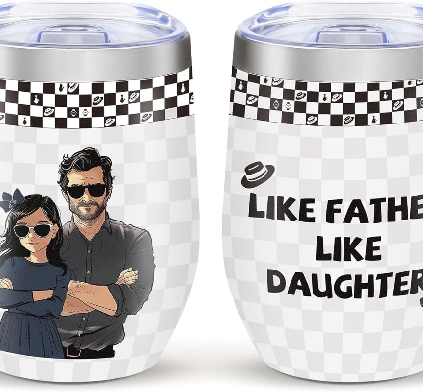 Shopi Vella stainless steel floral travel cup with father and daughter illustration and Like Father Like Daughter text