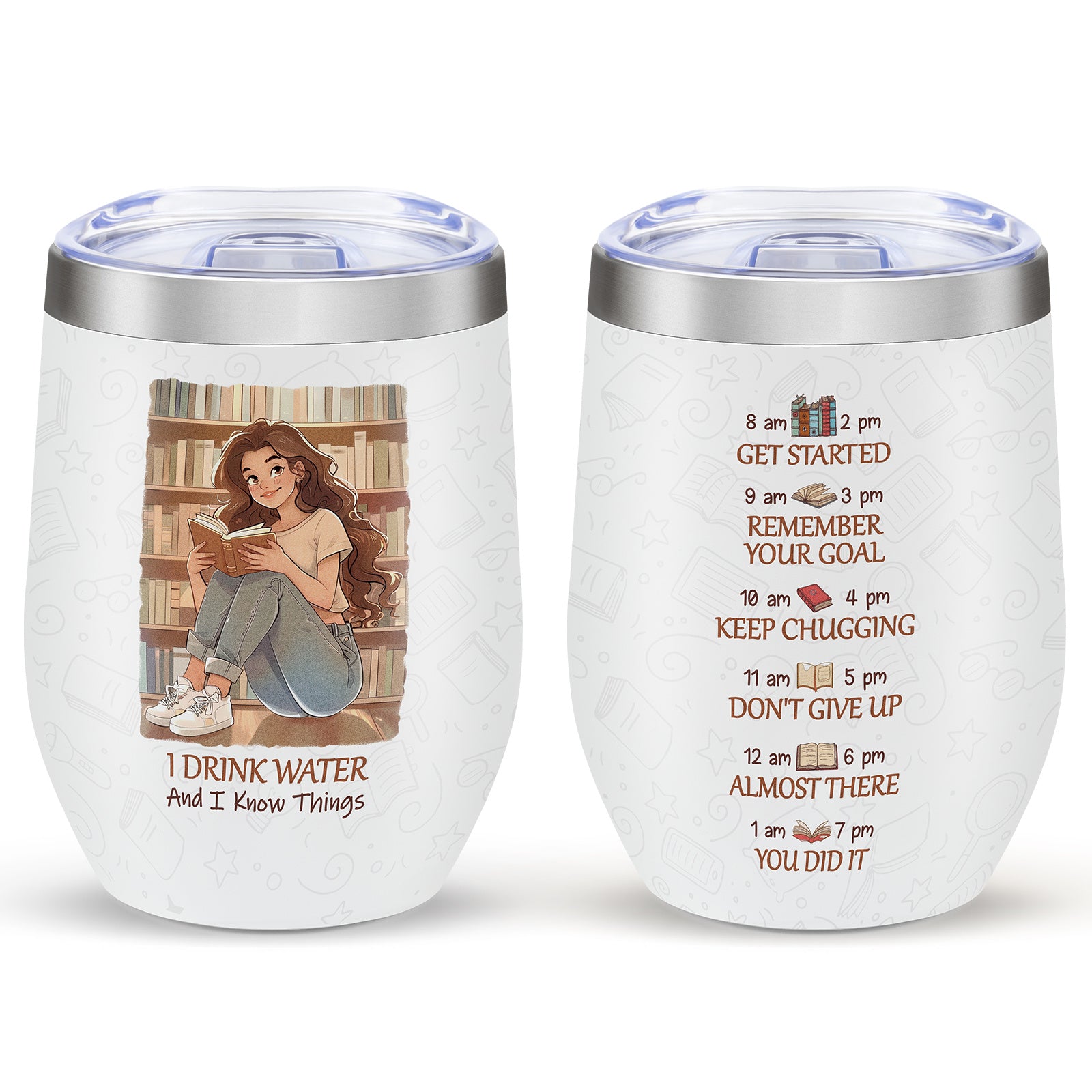 Shopi Vella stainless steel floral travel cup with motivational time markers and reading girl design