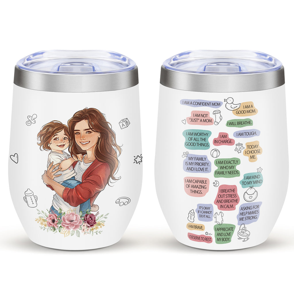 Shopi Vella stainless steel floral travel cup with mother and child illustration and positive affirmations