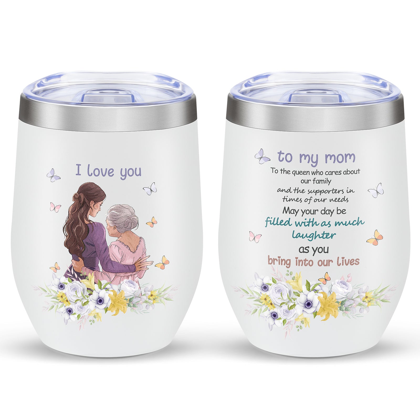 Shopi Vella stainless steel floral travel cup with mother and daughter design and loving message
