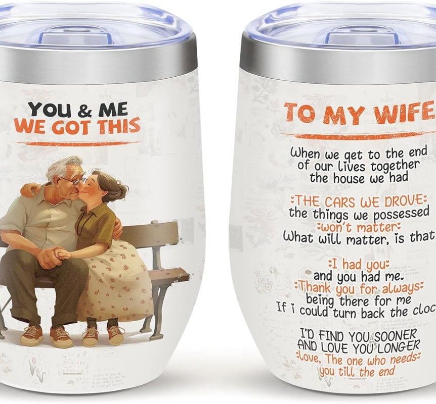 Shopi Vella stainless steel floral travel cup with romantic couple design and sentimental message to my wife