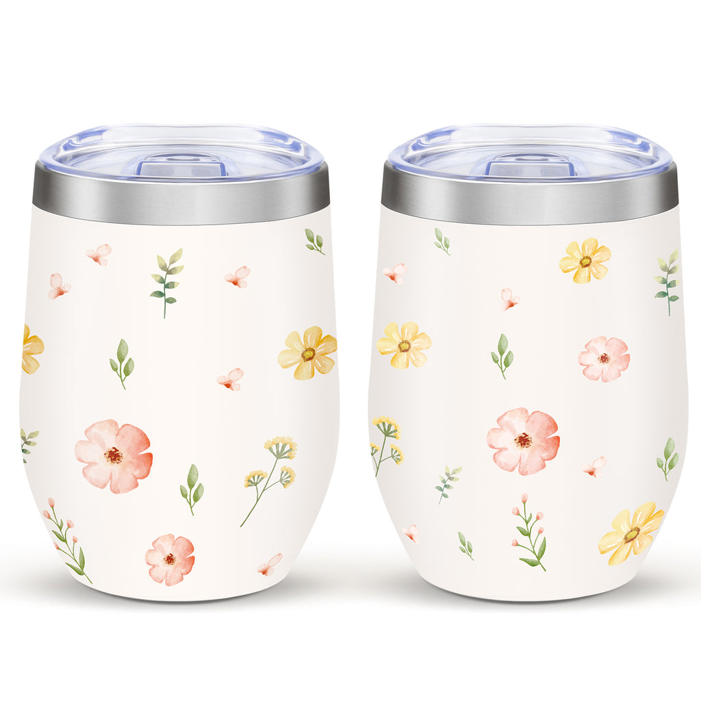 Shopi Vella stainless steel floral travel cup set with pink and yellow flower design and clear lids