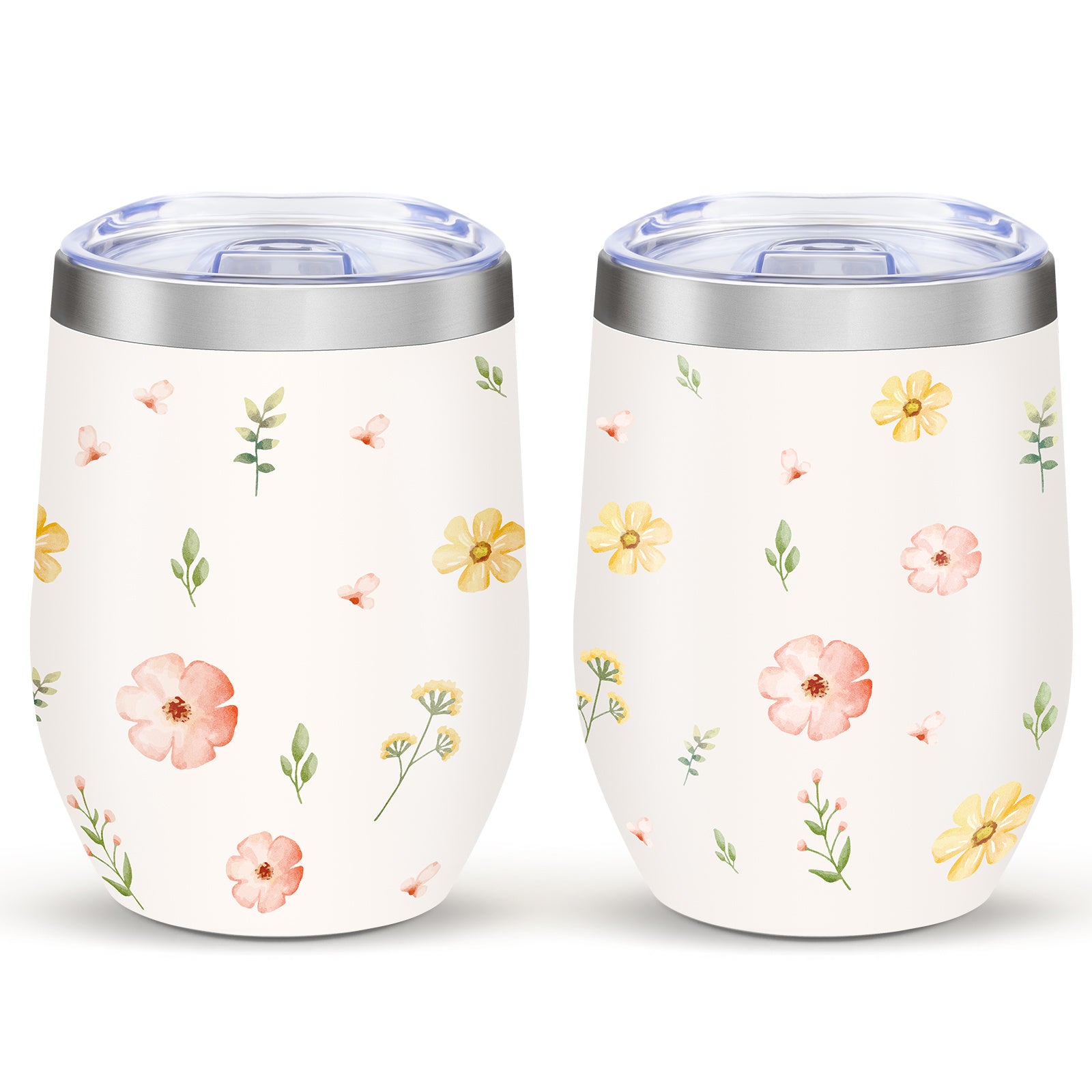 Shopi Vella stainless steel floral travel cup set with pink and yellow flower design and clear lids