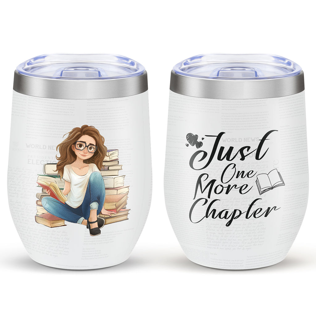 Shopi Vella stainless steel floral travel cup with reading girl and Just One More Chapter design