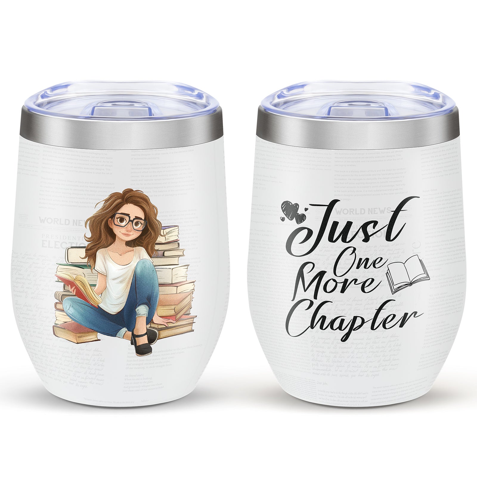 Shopi Vella stainless steel floral travel cup with reading girl and Just One More Chapter design