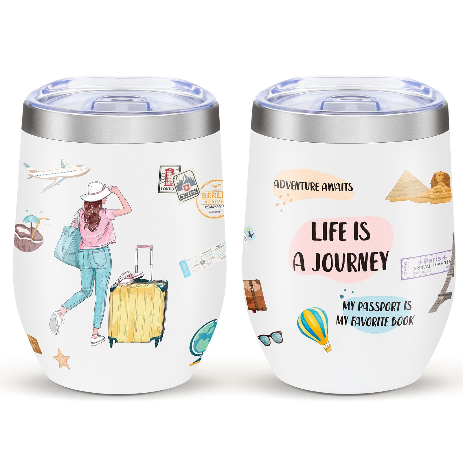 Shopi Vella stainless steel floral travel cup with colorful travel-themed illustrations and quotes