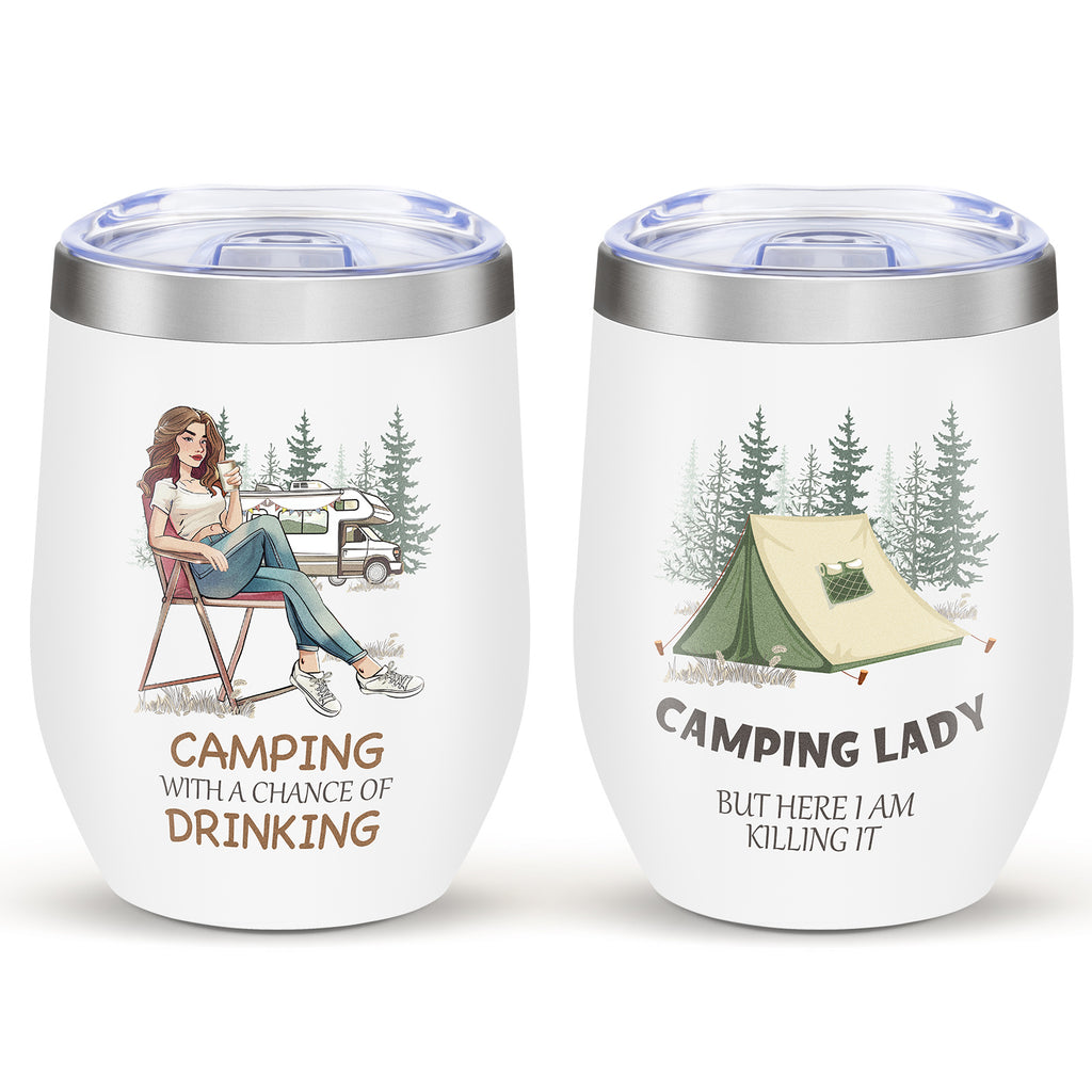 Shopi Vella stainless steel floral travel cup with camping designs and humorous text on white background