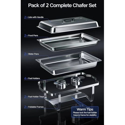 Shopi Vella stainless steel food warmers for home pack of 2 complete chafer set with lids food pans and fuel holders