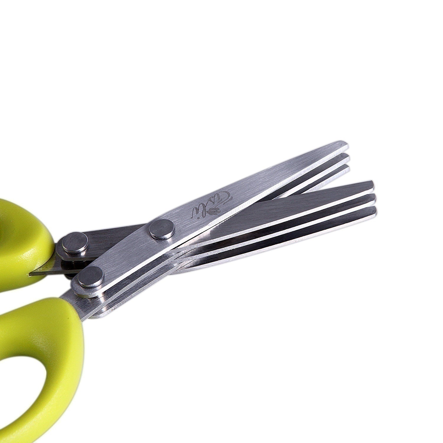 Shopi Vella stainless steel herb scissors with five blades and green handles for efficient herb cutting