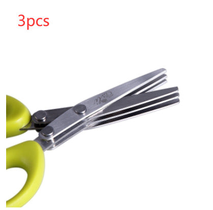 Shopi Vella stainless steel herb scissors with green handles and multiple blades for kitchen storage