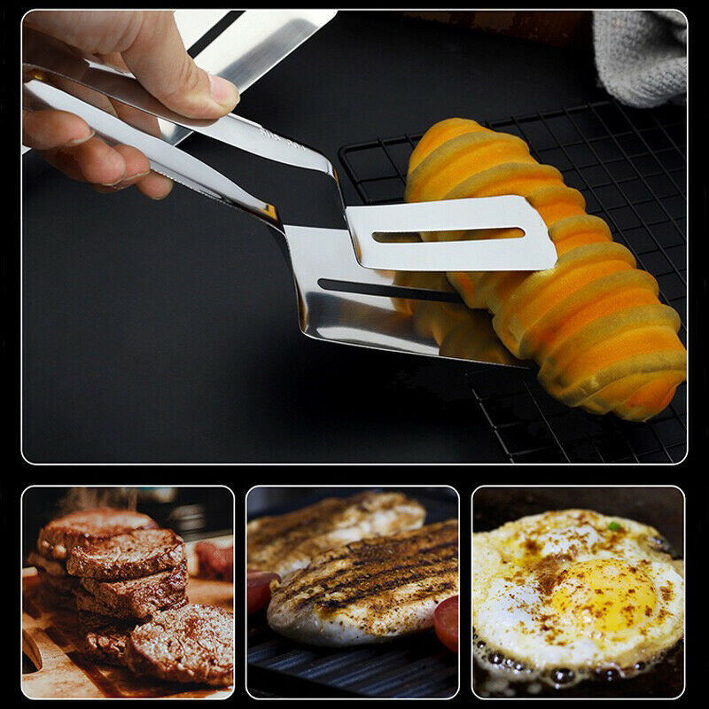 Stainless steel kitchen tongs lifting a grilled vegetable spiral with images of grilled steak chicken and fried egg