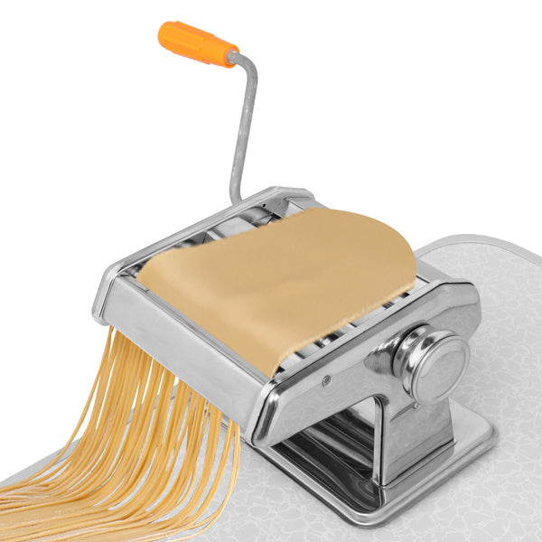 Shopi Vella stainless steel manual laminating machine with orange handle rolling fresh pasta dough