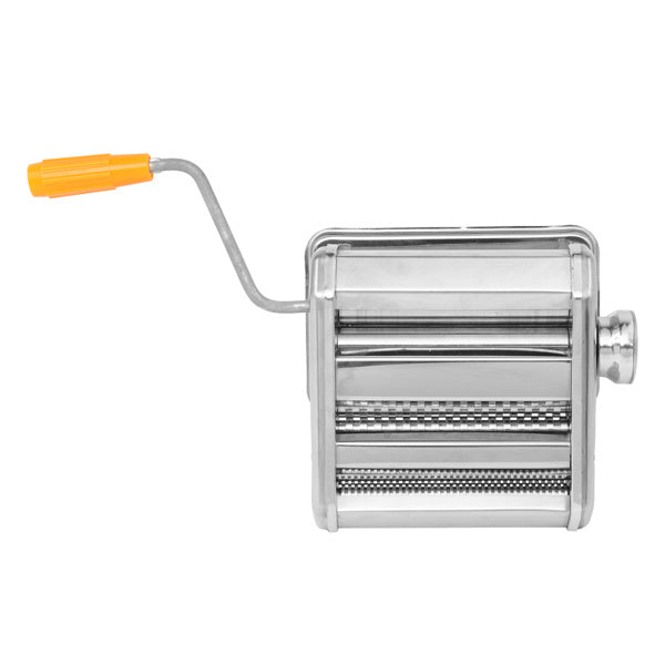 Shopi Vella stainless steel manual laminating machine with orange handle for cooking prep