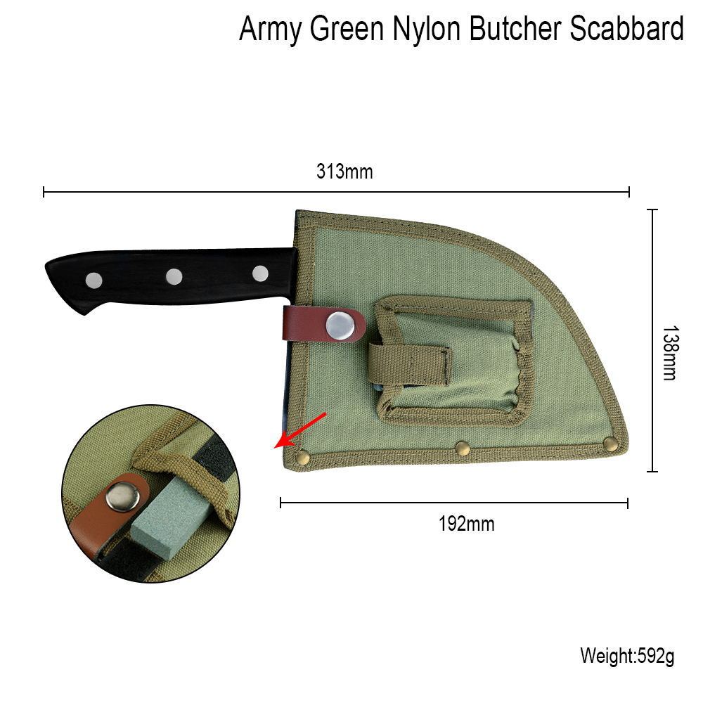 Army green nylon butcher scabbard for stainless steel meat cleaver with secure strap and pocket