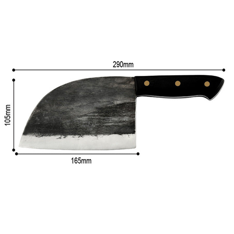 Shopi Vella stainless steel meat cleaver with black handle and precise measurements