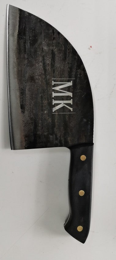 Shopi Vella stainless steel meat cleaver with black ergonomic handle and engraved MK logo