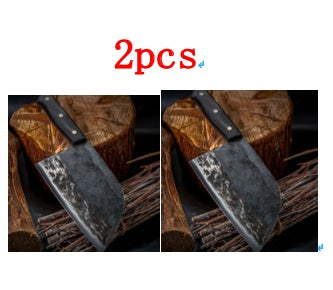 Two stainless steel meat cleaver knives with black handles on a wooden surface