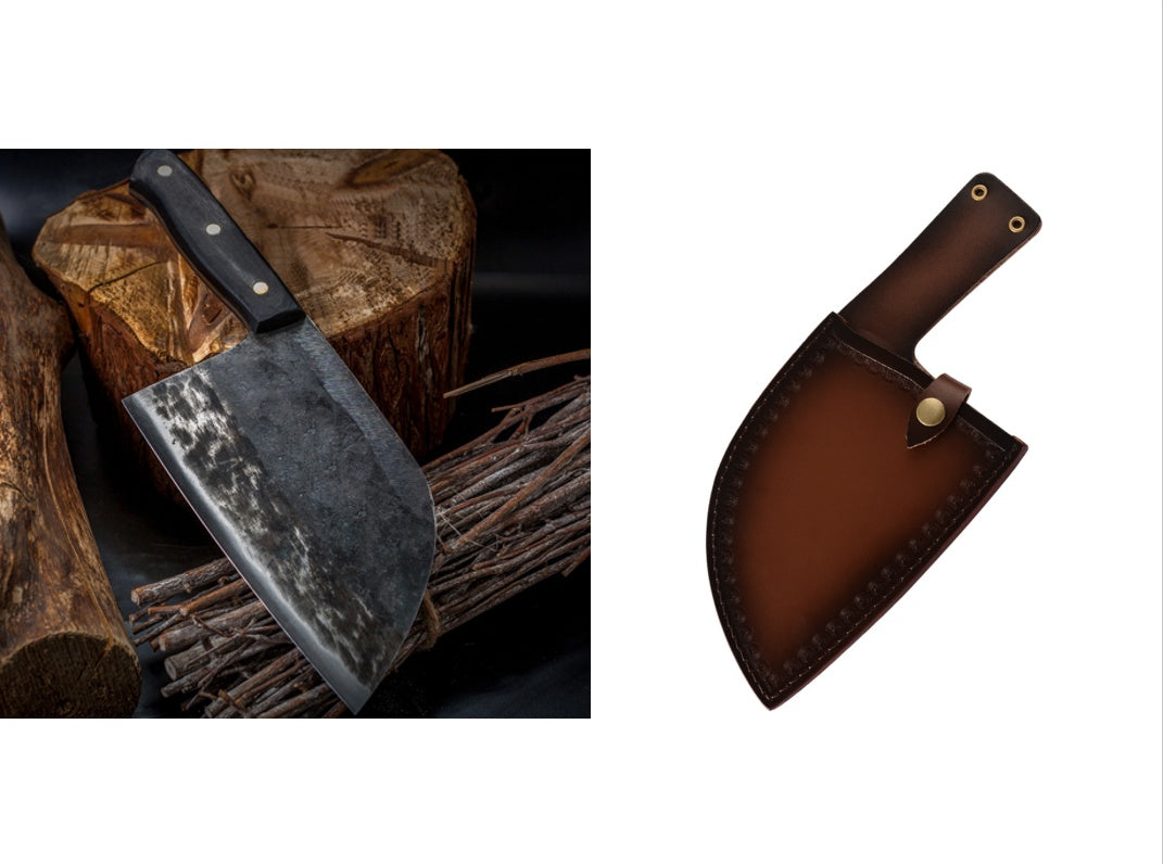 Shopi Vella stainless steel meat cleaver with black handle and brown leather sheath for kitchen use