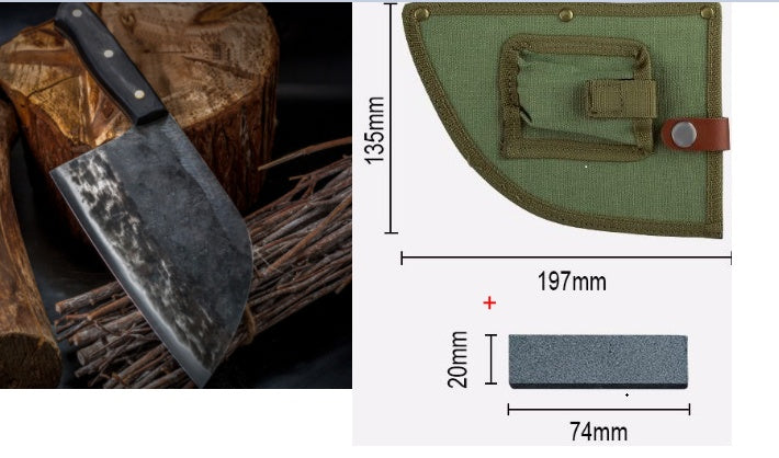 Shopi Vella stainless steel meat cleaver with black handle wood background and green carry pouch with sharpening stone