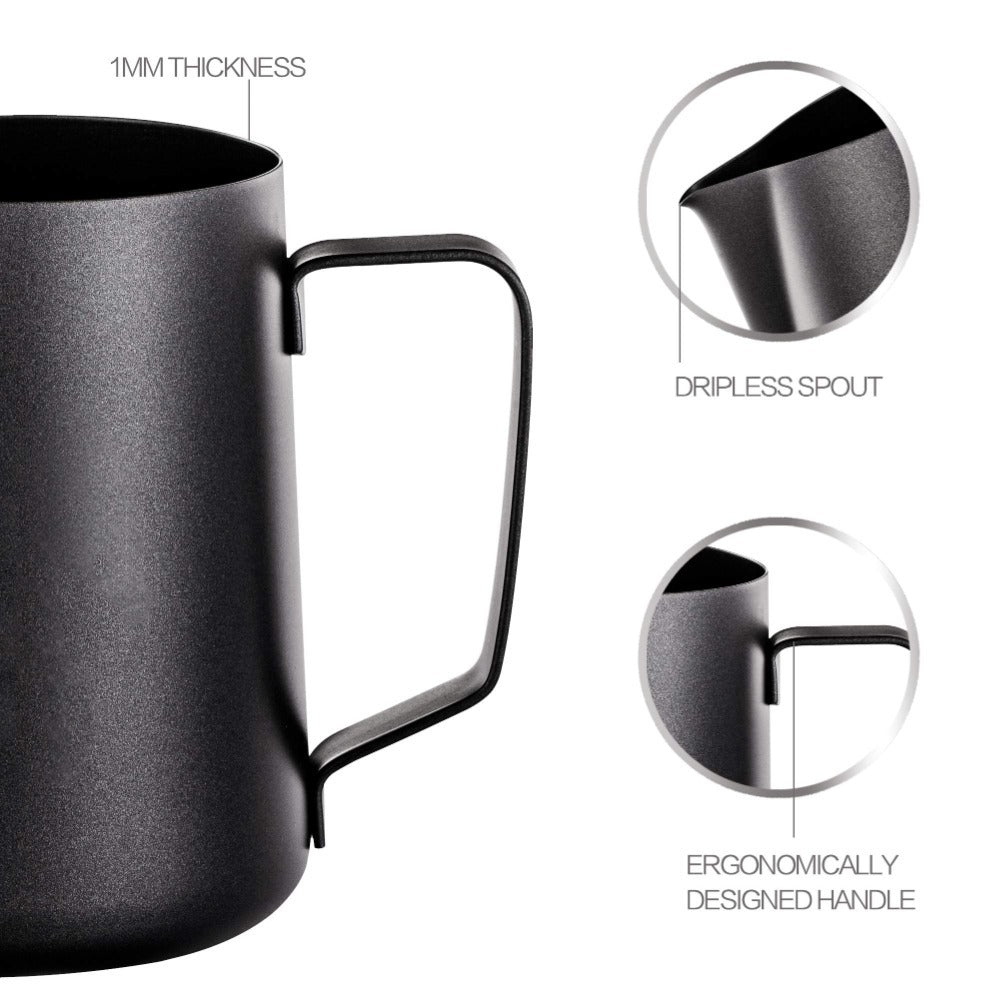 Stainless steel milk frothing pitcher with 1mm thickness dripless spout and ergonomic handle