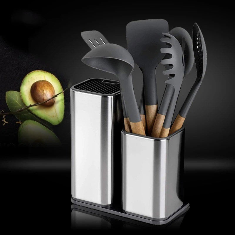 Shopi Vella multifunctional tool organizer for kitchen with stainless steel holder and black utensils with wooden handles