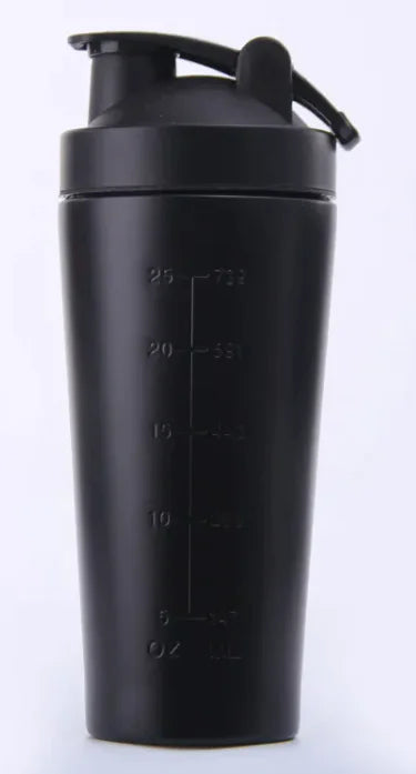 Black stainless steel protein shaker bottle with measurement markings and flip-top lid