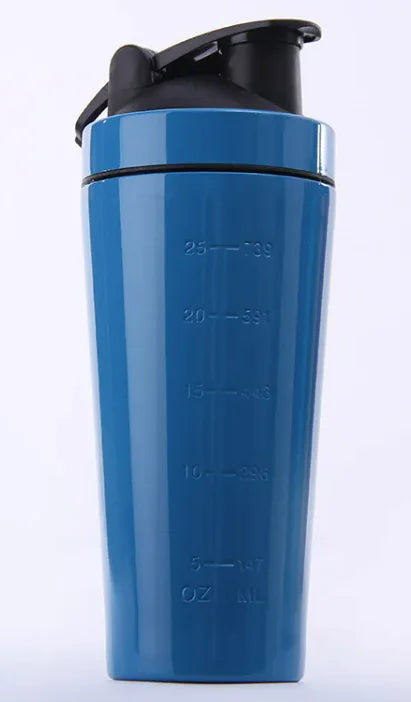 Blue stainless steel protein shaker bottle with black flip cap and measurement markings