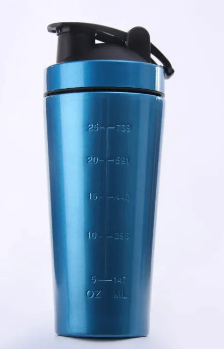 Blue stainless steel protein shaker bottle with black flip lid and measurement markings