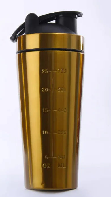 Gold stainless steel protein shaker bottle with black flip lid and measurement markings