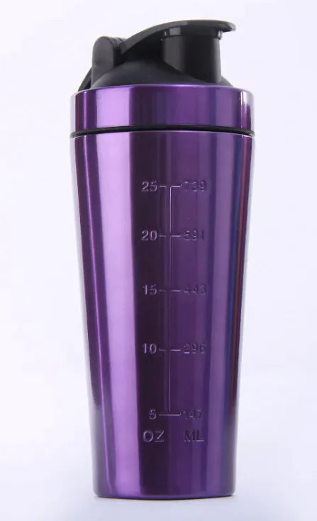 Purple stainless steel protein shaker bottle with black flip lid and measurement markings
