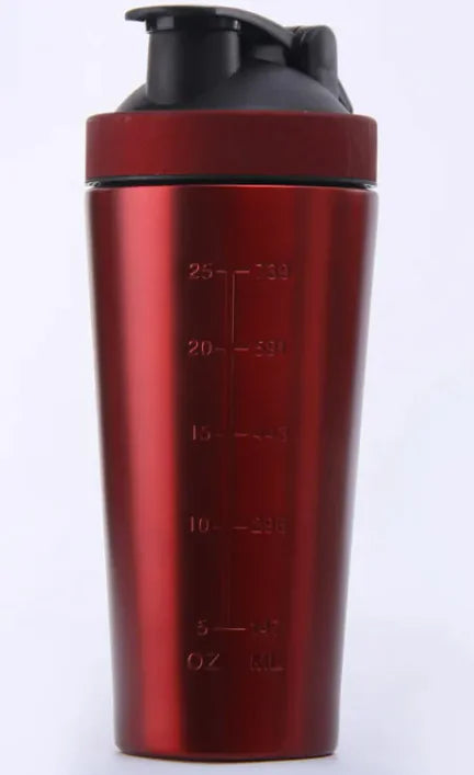 Shopi Vella red stainless steel protein shaker bottle with measurement markings and black flip lid