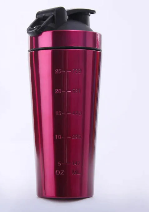 Shopi Vella stainless steel protein shaker bottle in metallic red with measurement markings and black flip lid
