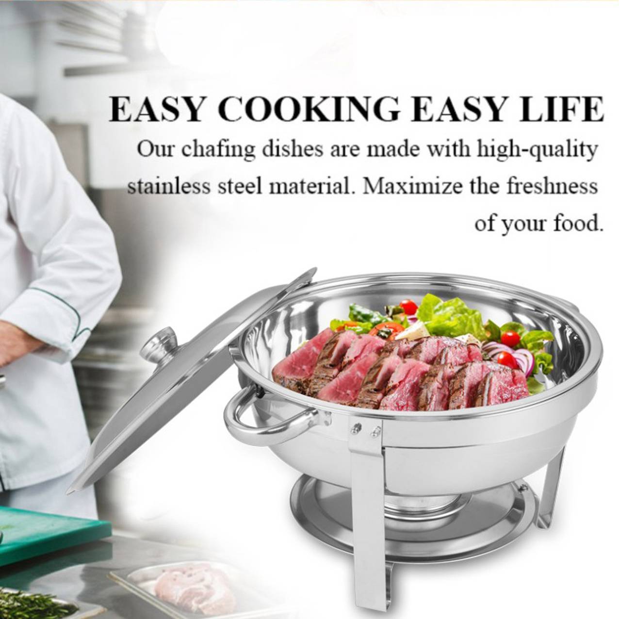 Shopi Vella round buffet catering dish set stainless steel chafing dish with lid and cooked meat