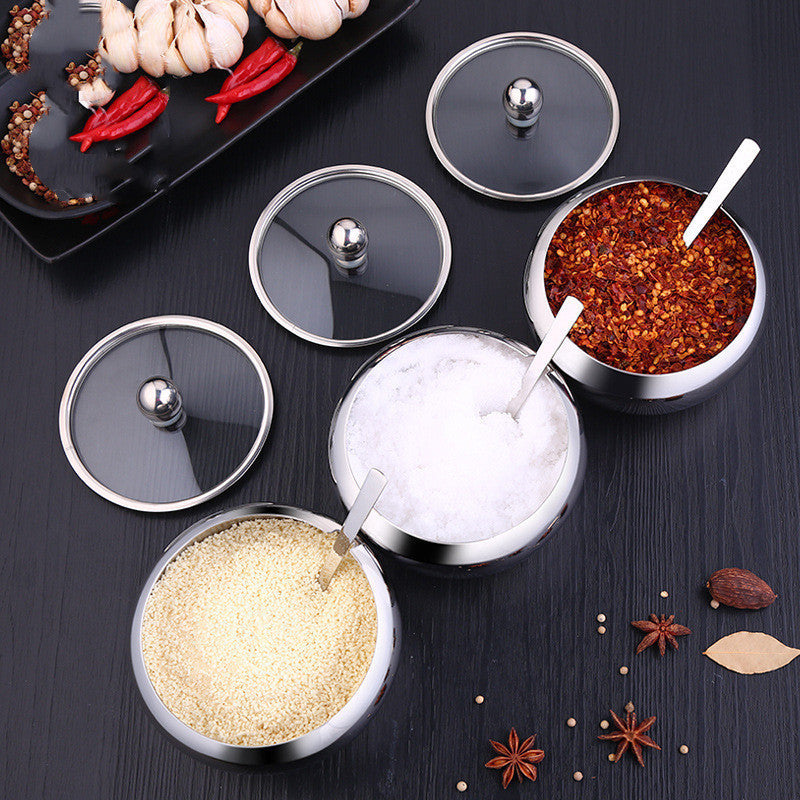 Shopi Vella stainless steel seasoning pot set with three containers and spoons for spices and salt storage