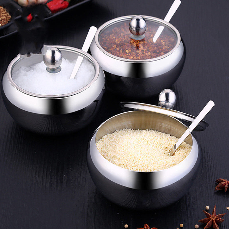 Shopi Vella stainless steel seasoning pot set with clear lids and spoons for storing spices