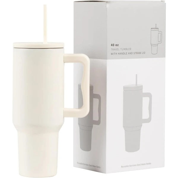 Shopi Vella white stainless steel travel mug with handle and straw lid next to its packaging box