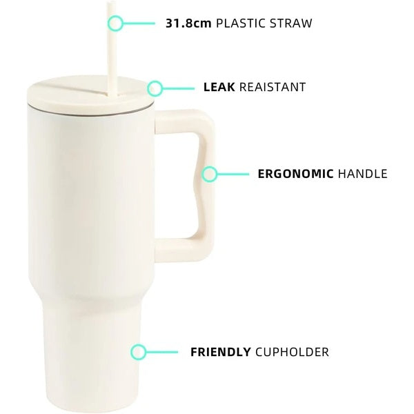 White stainless steel travel mug with handle featuring plastic straw leak resistant ergonomic design