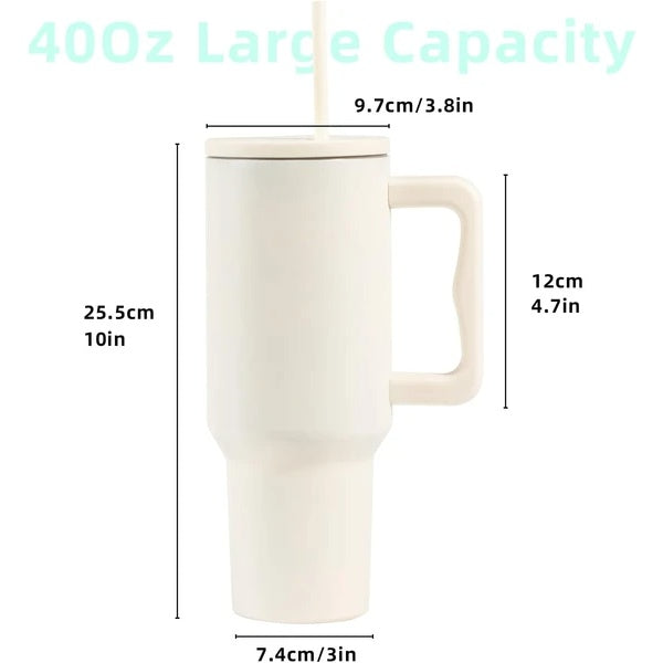 White stainless steel travel mug with handle and 40oz large capacity by Shopi Vella