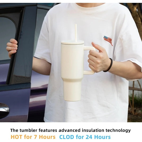 Shopi Vella stainless steel travel mug with handle held by person wearing white shirt near car door