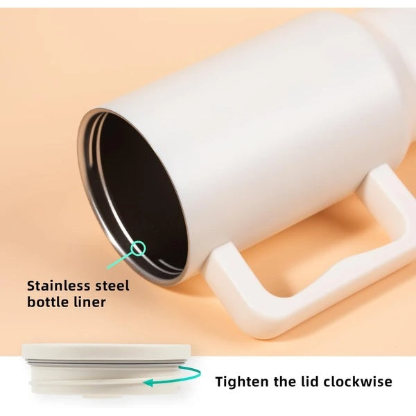 Shopi Vella stainless steel travel mug with handle showing bottle liner and lid with instructions