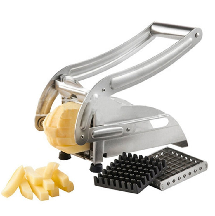 Shopi Vella stainless steel vegetable cutter with interchangeable blades slicing potatoes