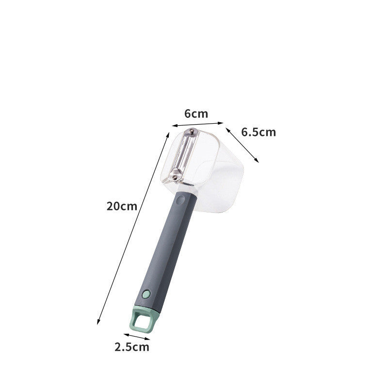 Shopi Vella stainless steel vegetable peeler with ergonomic black handle and clear guard showing dimensions