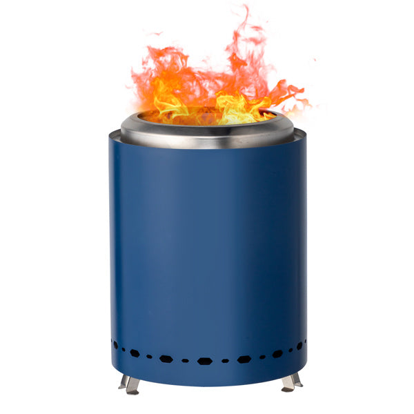 Shopi Vella stainless steel wood burning basin in blue with active flame for outdoor cooking