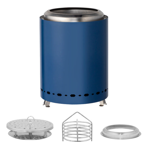 Shopi Vella stainless steel wood burning basin with blue exterior and detachable parts for cooking