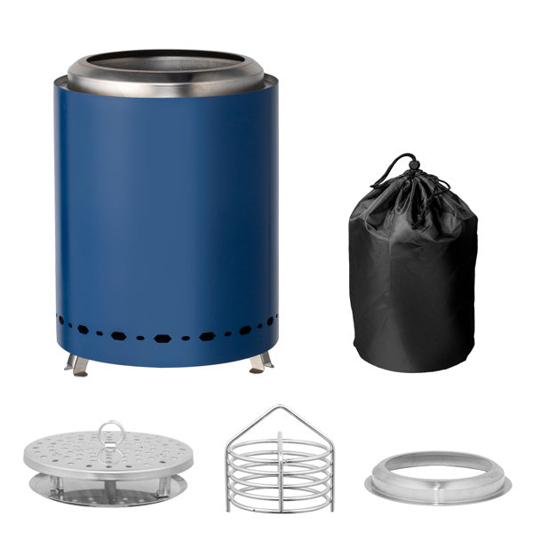 Shopi Vella stainless steel wood burning basin with blue exterior and cooking accessories